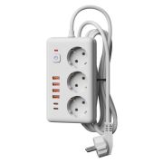 Удлинитель с сетевым фильтром 3х5м 10А 4USB + 2USBC 2500Вт ПВС 3х1 прямоуг. бел. КОСМОС FKsmPR-5m-3g(W)USB